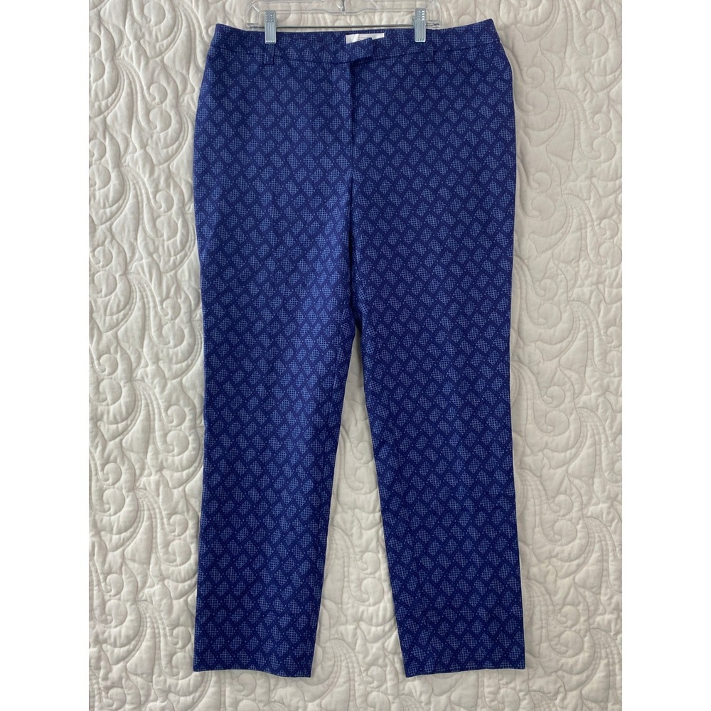 NEW Chico's Ankle Pants Blue Geo Print Size 1.5 Cotton Blend Slim Trousers